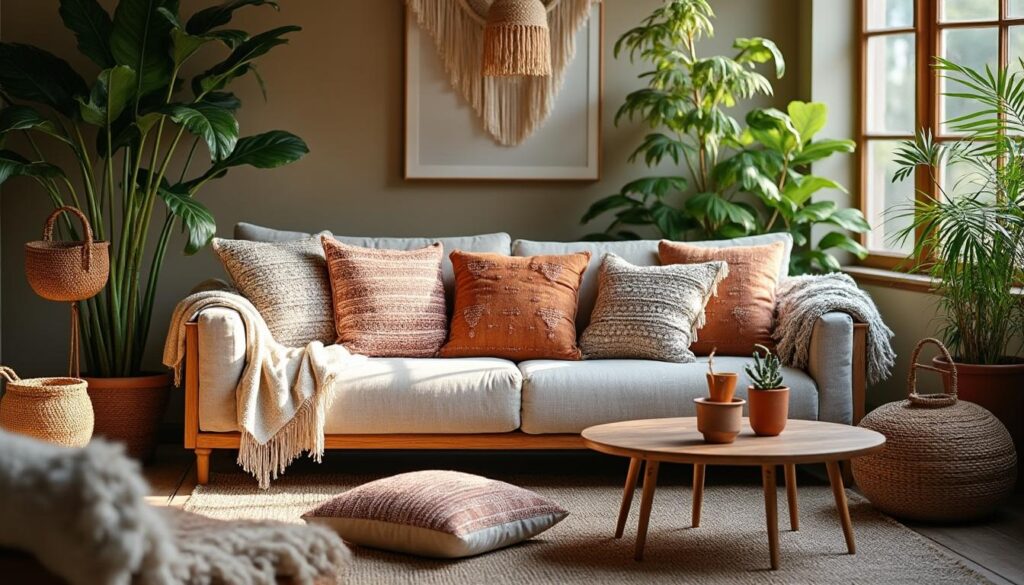 Inspiration pour intégrer des coussins dans un salon bohème