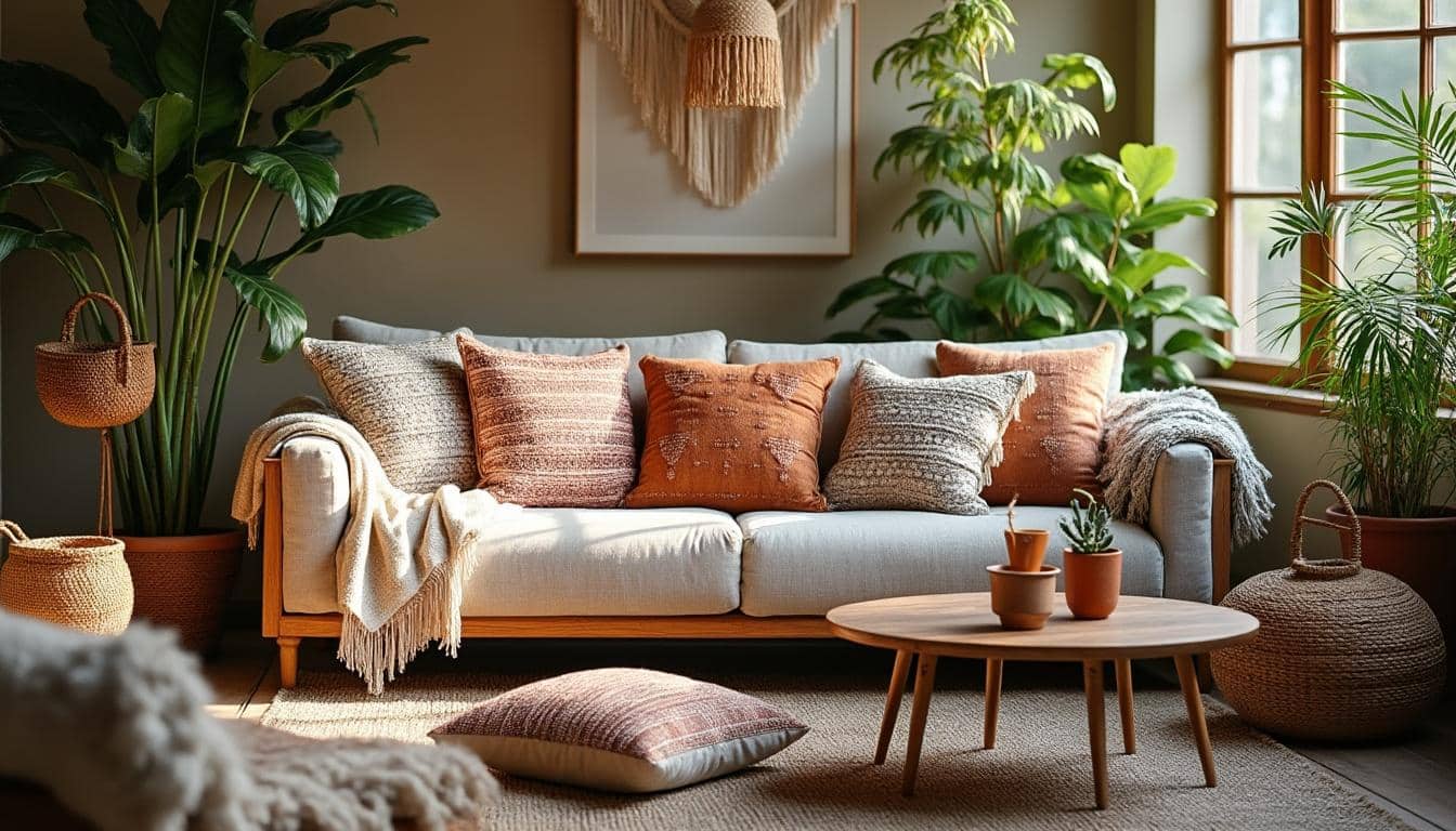 Inspiration pour intégrer des coussins dans un salon bohème